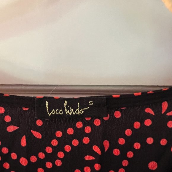 Loco Lindo Vintage Style Black Red dotted pattern v neck wrap top dress Sz S - Picture 7 of 7
